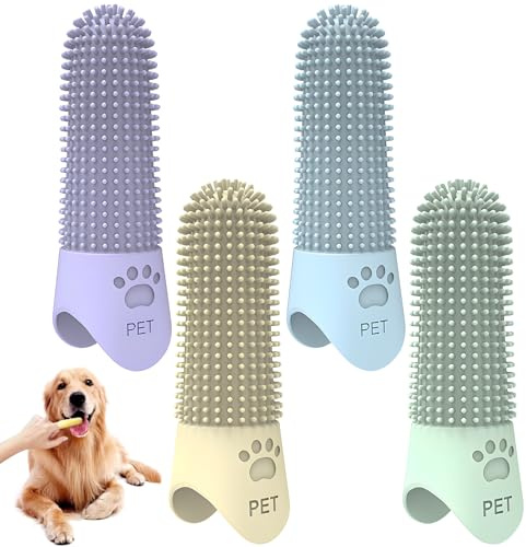 Lot de 4 Brosse à Dent Chien Chat,Brosse à Doigt 360° en Silicone Réutilisable,Finger Cots en Silicone Doux,Kit de Soin Dentaire pour Chiens,Chats,Chiots et Petits Animaux
