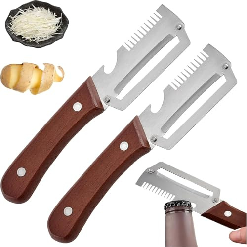 Pelapatate multifunzione per la cucina, in acciaio inox, pelapatate a julienne, con manico in legno, apribottiglie e cipolla, per sbucciare patate, frutta e verdura