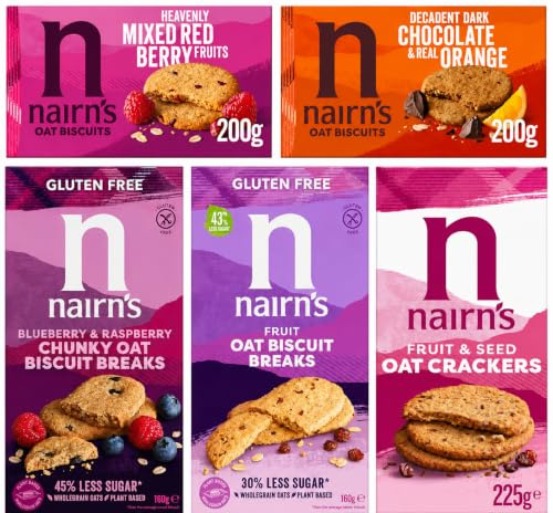 Nairn's Fruity Treats Variety Pack (Pack of 5) Oat Biscuits & Oatcakes | Includes Mixed Berries, Fruit & Seed, Chocolate Orange, Gluten Free Blueberry & Raspberry, Gluten Free Fruit - Healthy Snacks