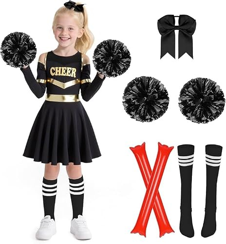 AYBUY Cheerleader-set för barn, Cheerleader-kostym med pompoms strumpor, pannband och Cheering-pinnar, Cheerleading-uniform för flickor, halloween, karneval, maskerader, skolspel, Svart - 7 st - 120