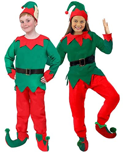 Childrens Unisex Christmas Elf Fancy Dress Costume - Boys/Girls Santas Little Helper - Childs Green & Red Top, Matching Trousers, Hat, Black Belt and Elf Boots/Shoe Covers