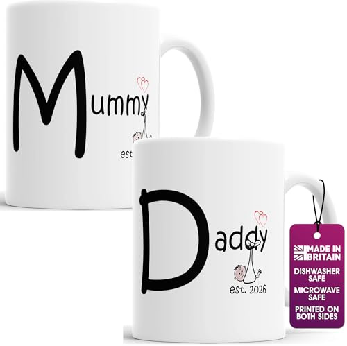 Faithful Prints Mummy and Daddy 2026 Mugs Set, Personalised for New Parents Mum and Dad, Mother, Father, White, 11 Ounce