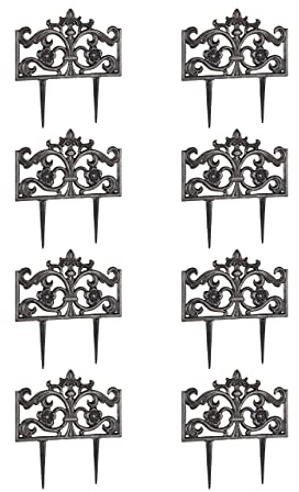 Relaxdays 8er Set Beetzaun Gusseisen, mit Erdspieß, einfaches Stecksystem, Zierzaun, nostalgisch, H x B x T 37 x 36 x 2 cm, Bronze