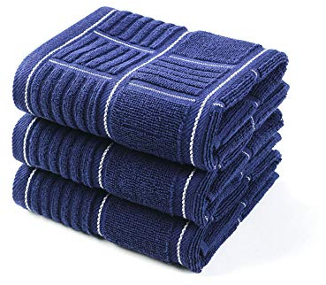 ANYI Kitchen Dish Towels Heavy Duty Absorbent Dish Cloths with Hanging Loop 100% Cotton Tea Bar Towels (16x26, Set of 3, Navy)