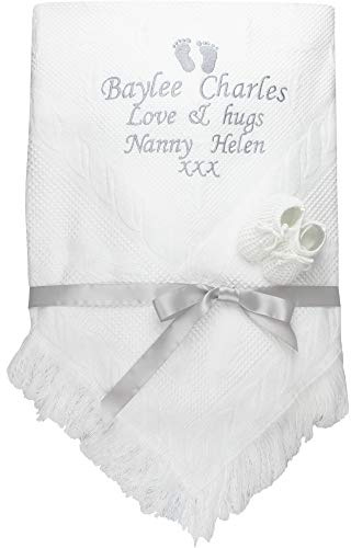 Personalised Gift Message White Baby Shawl Blanket and Booties (White with Silver)