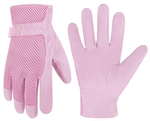 HANDLANDY Womens Garden Gloves, Scratch Resistance Leather Yard Gloves for Ladies, 3D Mesh Comfort Fit- Improves Dexterity and Breathability(Small, Pink)