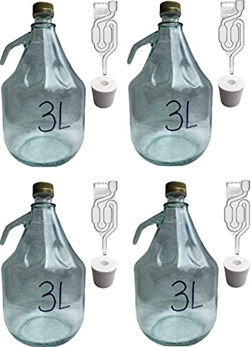 lilawelt24 4x 3L Flasche mit Schraubverschluß + Stopfen + Gärröhrchen GLASBALLON Weinballon GÄRBALLON GLASFLASCHE Flasche Gallone Leere Glasflasche zum Befüllen