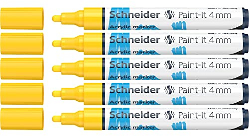 Schneider 120205 Paint-It Acrylstifte (mit 4 mm Rundspitze, hochdeckende Acrylfarben für Holz, Leinwand, Stein uvm.) 5er Pack, gelb