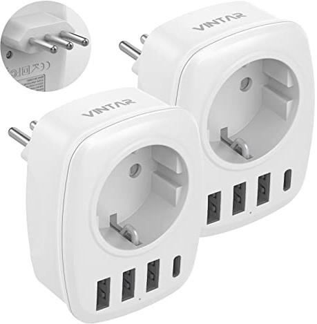 VINTAR 2 Pack Italien Reiseadapter Typ L mit 3 USB-A & 1 USB-C