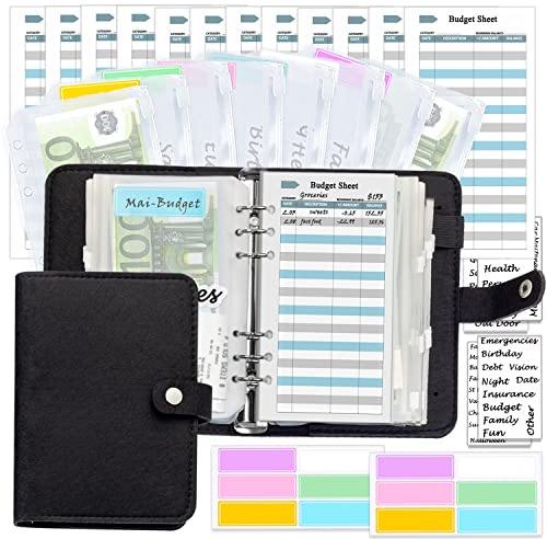 Harphia A6 Black Wool Felt Budget Binder, Money Saving Organizer | Black wool felt cover with elegant look. Includes cash envelopes, zip sleeves and budget kit. A6 personal size for daily use