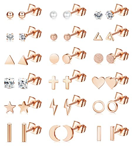 ORAZIO 18 Paar Ohrstecker Set für Damen Herren 316L Edelstahl Stern Mond Herz CZ Scheibe 20G Knorpelohrringe Hypoallergen Geometrische Ohrstecker Piercingschmuck Roségold