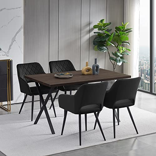 TUKAILAI Esszimmergruppe Esstisch Holz und 4 Stühlen mit Armlehne, Rechteckiger Küchentisch mit X-förmige Metallbeine und Esszimmerstuhl Set aus Samt, Essgruppe (Tisch 140cm + Stühle Set Schwarz)