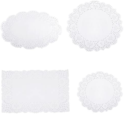 60 centrini in carta con pizzo – centrini decorativi assortiti bianchi, rettangolari, ovali e rotondi, per matrimoni, feste, torte, artigianato, piatti da tavola e piattini