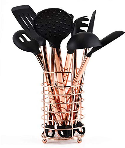Juego de utensilios de cocina con mango de acero inoxidable de oro rosa, juego de cocina, antiadherente, resistente al calor, 11 uds