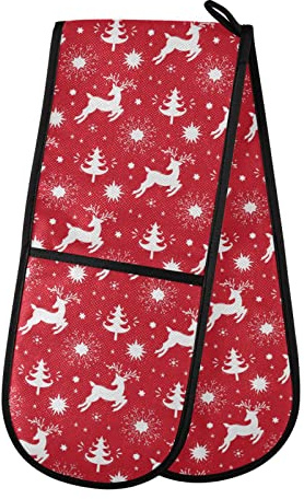 Doppelte Ofenhandschuhe Weihnachten Rentier Weihnachtsbaum Schneeflocken Hitzebeständig Topflappen Ofenhandschuh Handschuhe für BBQ Kochen Backen Grillen Mikrowelle