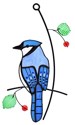 Buntglas-Fensterbehang mit mehrfarbigen Vögeln als Wanddekoration (Blue Jay)