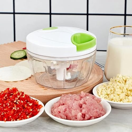 Mini trituradora, cortadora, picadora de alimentos, triple cuchilla de acero, 450 ml, blanca y verde, para cocina