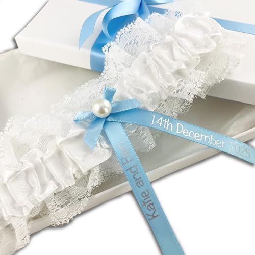 My Pretty Little Gifts Personalised Garter - White/Pale Blue with silver text - Perfect Something Blue Baby Bridal Bride to Be Wedding Hen Party (Garter & Gift Box)