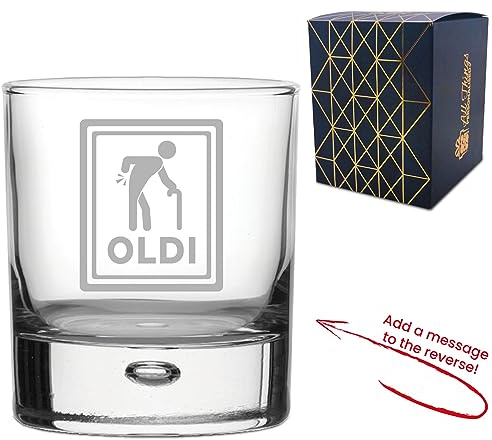 Personalised Engraved Novelty Whisky Glass Tumbler with Oldi Design, Add a Personalised Message to the Reverse, Gift Box Included, Laser Engraved, Gift for Dad Grandad Colleague Retirement, Funny Gift