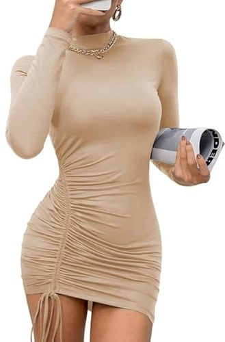 Rongseng Damklänning elegant långärmad sexig miniklänning stretch bodycon-klänning casual klänningar bodycon klänning enfärgade nattklubbskläder kväll cocktail party klänning höst vinter, Aprikos, S