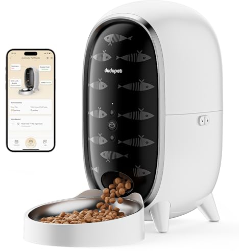 DUDUPET Futterautomat Katze- 3L Futterautomat für Katze mit APP 2.4G WiFi, bis zu 15 Portionen/10 Mahlzeiten pro Tag, Ton-Aufnahmefunktion, geeignet für kleine Katzen und Hunde, Pinguin-Entwurf
