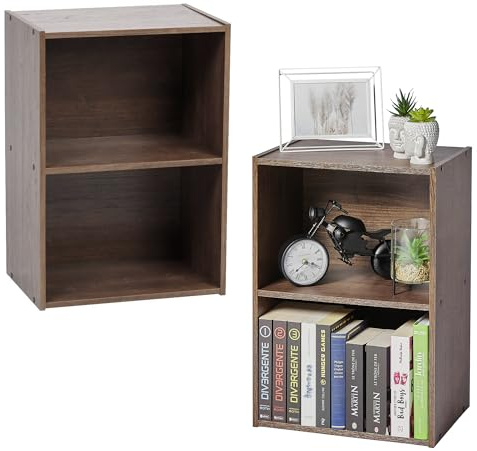 Iris Ohyama Modernes Bücherregal, 2 Etagen, Satz von 2, Braun, Vielseitig, Modular, Offenes Regal, Für Wohnzimmer, Büro, Schlafzimmer, Platzsparend, Bücher, CD, Dekor, Einfacher Aufbau, CX-2