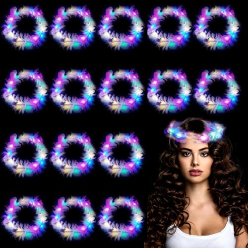 LED Feder Blumenkranz Stirnband,16 Stück Leuchtender Haarkranz Feder | LED Blumenkranz Haare Leuchtend,Halloween,Weihnachten,Neujahr,Party,Karneval,Hochzeitsdekoration