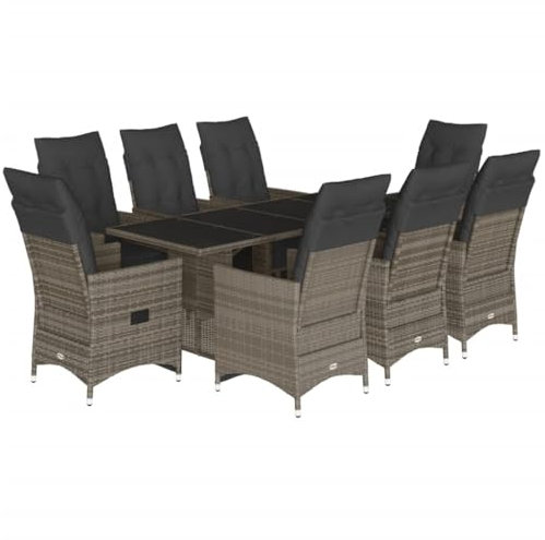 vidaXL Garten Bistroset 9-TLG., Balkonset mit Kissen, Gartenmöbel Tisch 8 Verstellbare Stühle, Balkonmöbel Sitzgruppe Gartengarnitur, Grau Poly Rattan