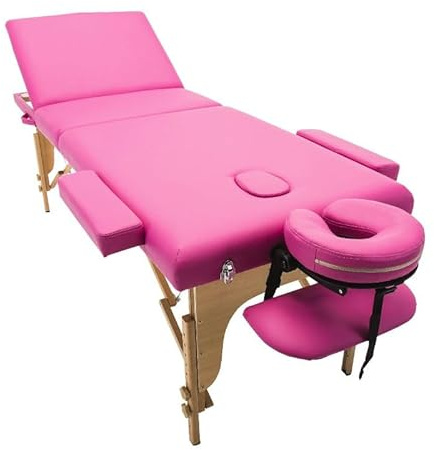 PLUS SANTE Table de Massage Pliante en Bois MIA Noir, Ivoire, Gris, Bleu, Rose, 60 ou 70cm, 3 Plans légère avec Sac de Transport et Accessoires (Rose, Largeur 70 cm)