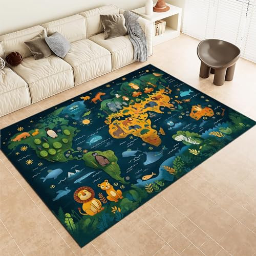 Srigzcaly Teppich rutschfeste für Wohnzimmer Esszimmer, Weltkarte-Cartoon-Tiere Dekor Teppich für Schlafzimmer Kinderzimmer - GrüN Kurzflor Flanell Teppiche Pflegeleicht Waschbare 180x240cm