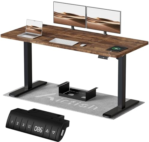 Airfish Höhenverstellbarer Schreibtisch mit USB-Buchse, Elektrisch Schreibtisch mit Kabelwanne, Computertisch, Bürotisch, Stehpult mit Erinnerung an sitzende Tätigkeiten, 180 x 80 cm, Vintage-Braun