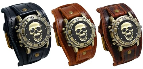 JewelryWe Reloj de pulsera analógico de cuarzo para hombre, diseño gótico, punk, cráneo, con bala de pistola, pulsera de piel ancha, Calavera dorada - Juego de 3, Correa