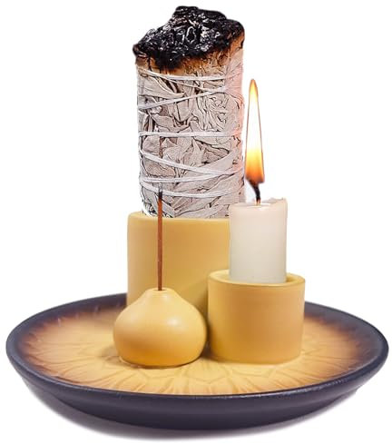 Portavelas y incienso de cerámica multifuncional 4 en 1 con bandeja colectora de cenizas para quemar salvia blanca, palitos de Palo Santo (marrón)