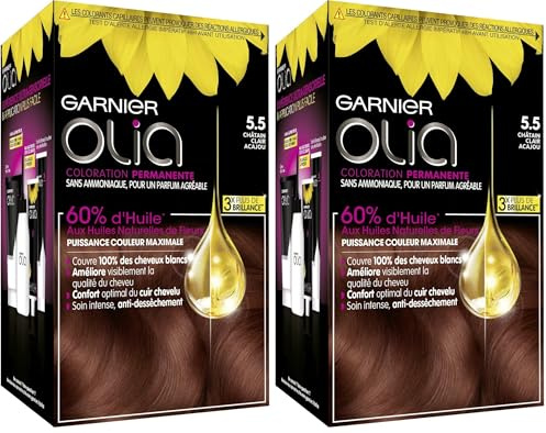 Garnier - Olia - Coloration Permanente à l’Huile Sans Ammoniaque Châtain - 5.5 Châtain Clair Acajou (Paquete de 2)