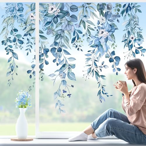 wondever Fensterbilder Hängender Rebe Blau Blumen Blätter Fenstersticker | Wiederverwendbar, Doppelseitig Statisch PVC Fensterdeko, Fenster Vogelschutz, Frühling Deko für Glas Tür Wohnzimmer Küche