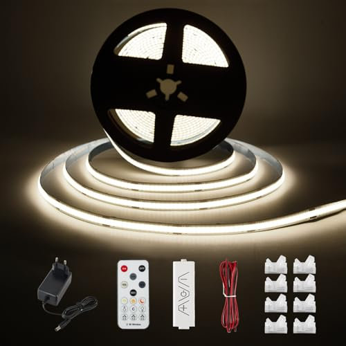 Enteenly Ruban LED COB Blanc Froid 5 mètres - Kit d'éclairage sous Meuble avec Télécommande RF pour Vitrine, Cuisine, Bureau, étagère, Placard - Adaptateur 24V inclus - 6500K
