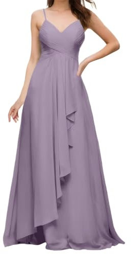 Vestido de dama de honor de princesa, tirantes delgados, vestido de graduación, cuello en V, vestido formal de fiesta de noche con abertura, ZM163, Lila oscuro, 42