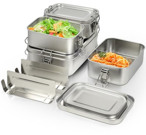 Awaiymi 4er Pack 304-Stahl-Bento-Boxen, Mit Lunchbox Edelstahl in Den Volumina 1400/850/550/550ml, Leckdichte und Stapelbare Stahl-Brotdose Edelstahl Für Suppe, Salat und Restmahlzeiten