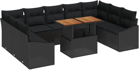 vidaXL 10-delars trädgårdsmöbelset med kuddar svart polyrotting akacia