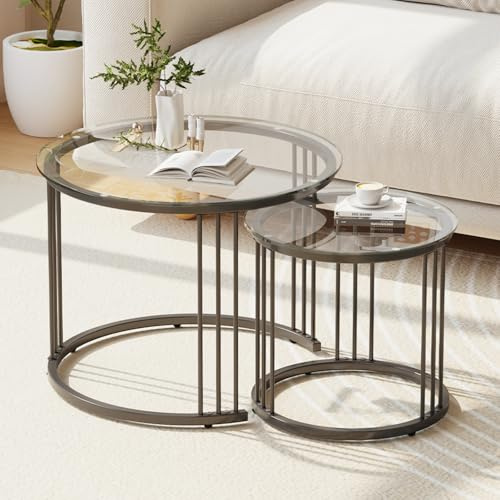 Garden 4 you Nesting Coffee Table, 23.6 Round Coffee Table Set of 2, Glass Nesting Table with Metal Frame, Ceter Tables for Living Room Bedroom Balcony, Black