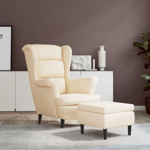 Hommdiy Ohrensessel mit Hocker Creme Armlehnen Relaxsessel Fernsehsessel Polstersessel Loungesessel Wohnzimmersessel TV Sessel Ruhesessel Samt