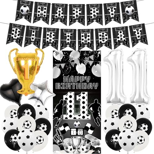 Fussball Deko Geburtstag Kinder Luftballon - 25 StüCk Schwarz Silber Geburtstagsdeko 11 Jahre junge Birthday Banner Hintergrundtuch Folienballon FüR Jungen FußBall Party Dekorationen Kindergeburtstag