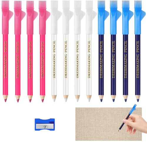 ABOHU 12 Piezas Tiza Costura, Lápiz de Costura con un Sacapuntas, Tizas De Sastrería, BolíGrafos De Sastre, Tiza para Tela Borrable para Diversas Telas, Cuero y Otras Manualidades (Azul, Blanco, Rosa)