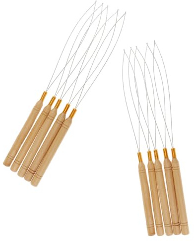 Garneck 10 Agujas de Gancho para Extensiones de Cabello Mango de Madera y Acero Herramienta Cuentas para Coser y Fijar Extensiones Suministros Profesionales para Peluquería