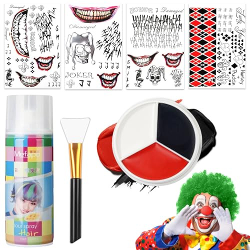 4 Blatt Gruselig Joker Tattoo, Clown Makeup Weiß Schwarz Rot Gesichtsfarbe