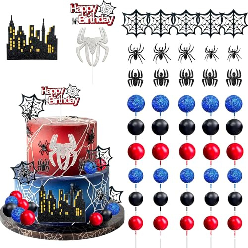 48Pcs Spider Cake Decorations, Spider Cake Topper, Happy Birthday Cake Decoration, Spider Theme Baby Shower Boys Girl Kids Birthday Party Supplies