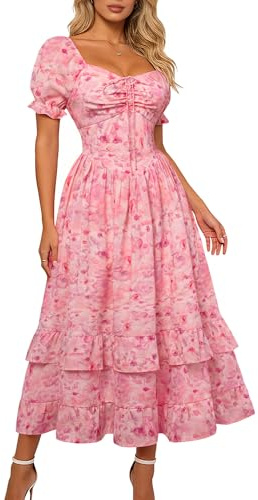 SCARLET DARKNESS Women's Victorian Dresses Floral Short Sleeve Ruffled Hem Summer Long Boho Dress