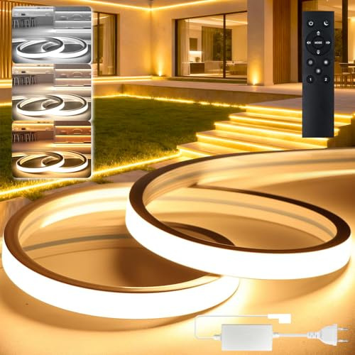 BRIMETI LED Streifen Dimmbar Aussenbereich 230V Neon CCT LED Strip 10M Wasserdicht Lichtleiste IP65 Warmweiss/Neutralweiß/Weiß 120LED/M Silikon Band Schlauch Aussen Outdoor mit Netzteil Fernbedienung