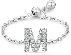 Ayoiow Buchstabe M Ring für Damen Weissgold 585 mit Diamant, Vorsteckring Weissgold 585, 14 Karat Weißgold Größe 60 (19.1)