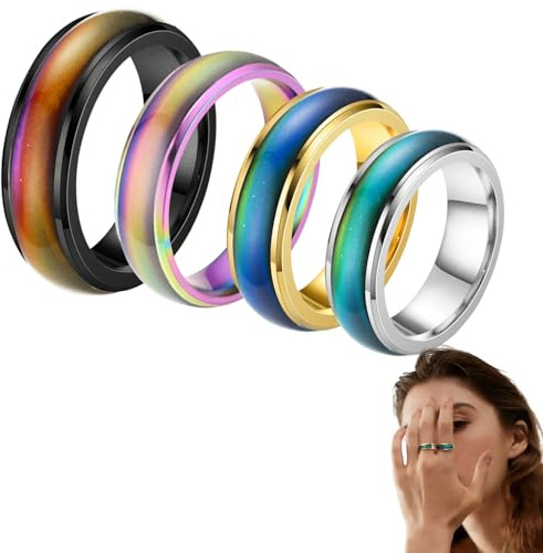 FMPXYYA Pack De 4 Anillos De Estado De Ánimo para Mujer Y Hombre, Acero Inoxidable con Cambio De Color por Temperatura, Accesorio Antiestrés para Uso Diario Y Regalo